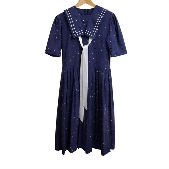 Laura Ashley Vintage 80's Midi Sailor Dress 10 Navy Polka Dot Short Sleeve - Picture 1 of 13